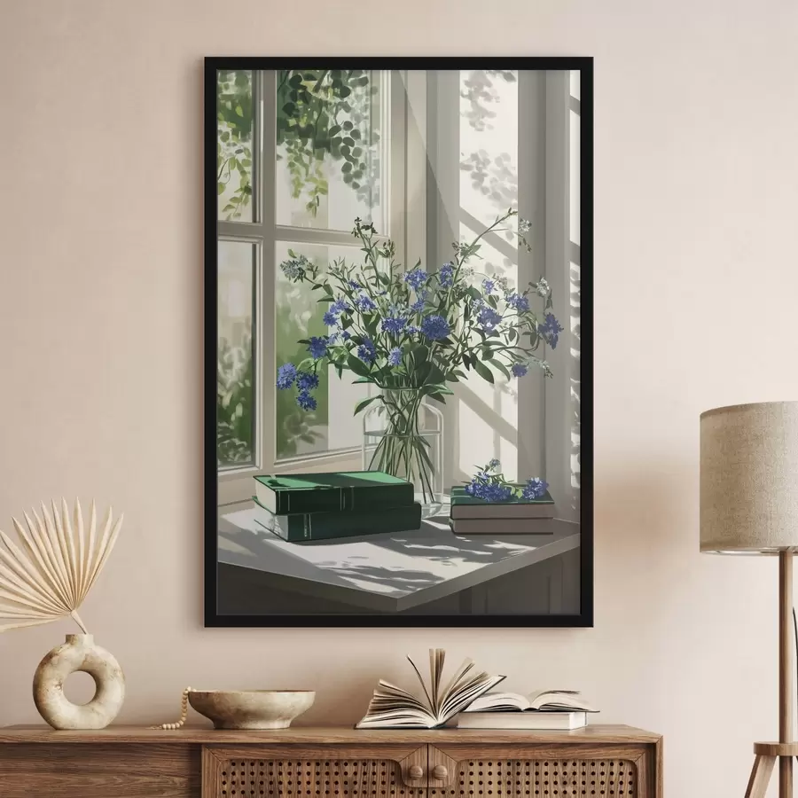 Fototapete Bücher und lila Blumen in der Vase auf der Fensterbank, Grünzeug f44008