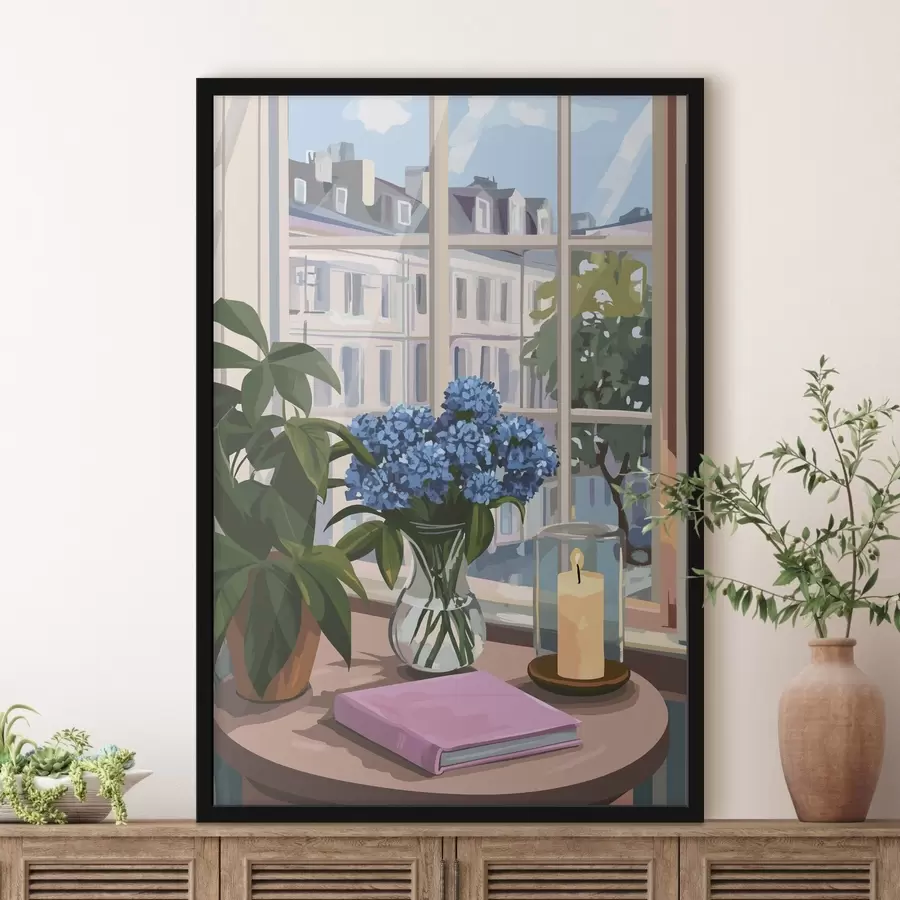 Fototapete Hortensien in der Vase, Fensterblick, Kerze, gemütliches Zuhause f44009