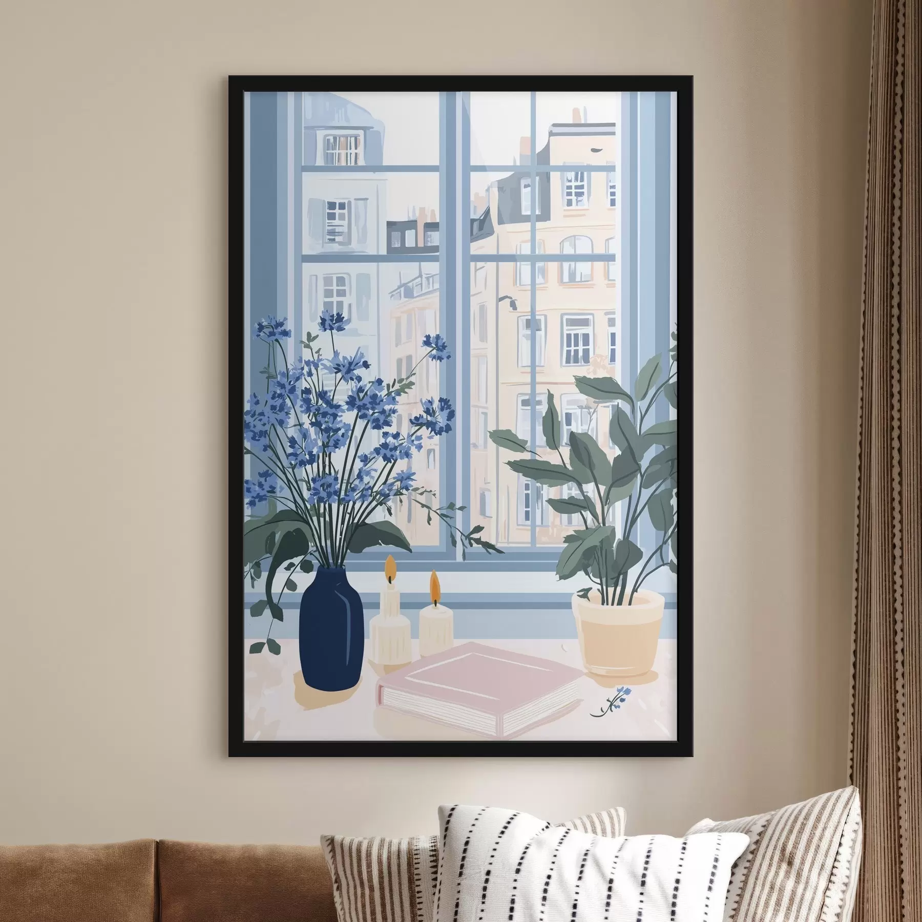 Wandbilder Gemütliches Haus mit Blumen und Fensterblick, Architektur, blaue Farben f44010
