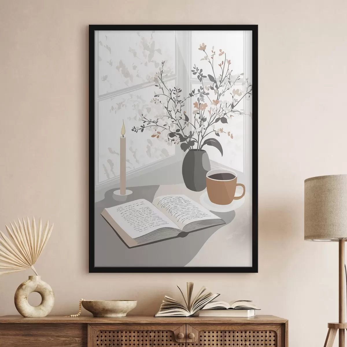 Poster Abstraktion, offenes Buch, Vase mit Blumen, Kerze, beige Farben f44011