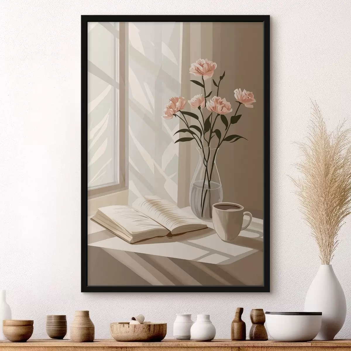 Poster Gemütlicher Morgen mit Kaffee und Buch, rosa Blumen, Abstraktion f44013