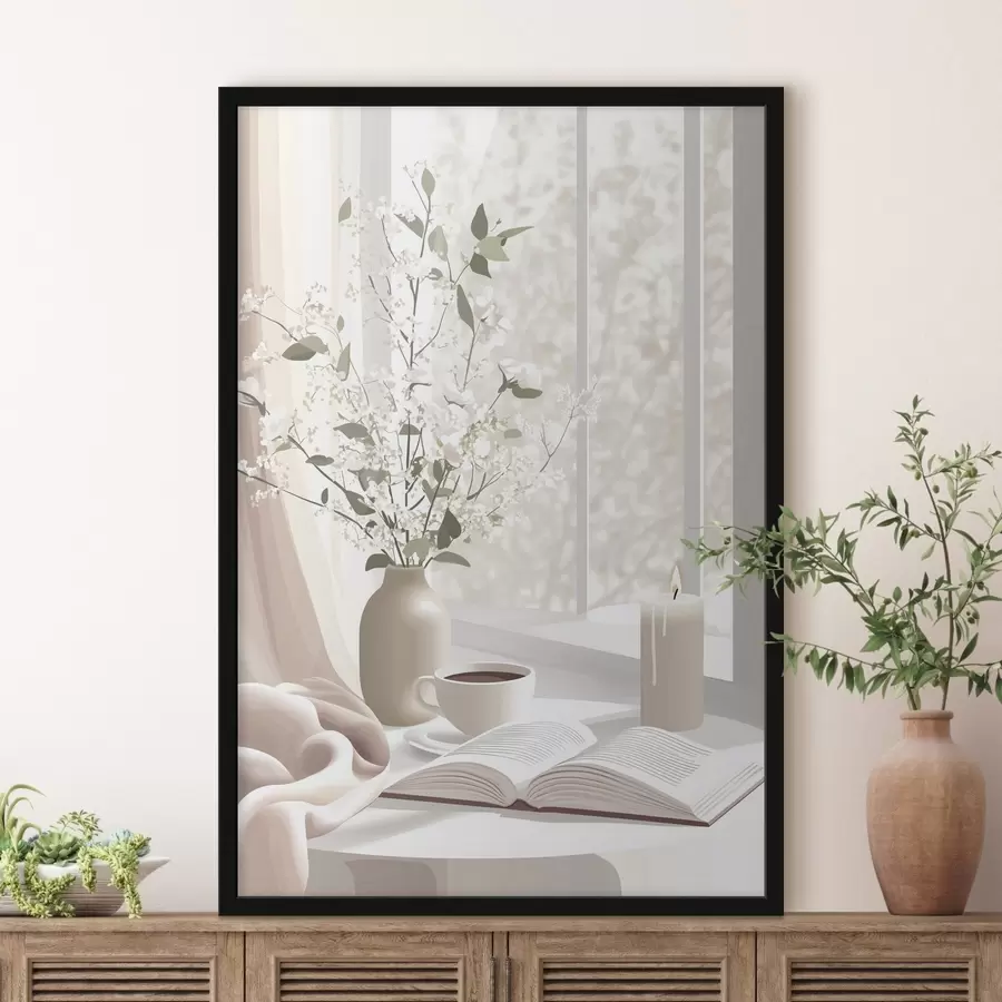 Fototapete Frühlingsmorgen mit Kaffee und Blumen, zarte Pastellfarben f44015