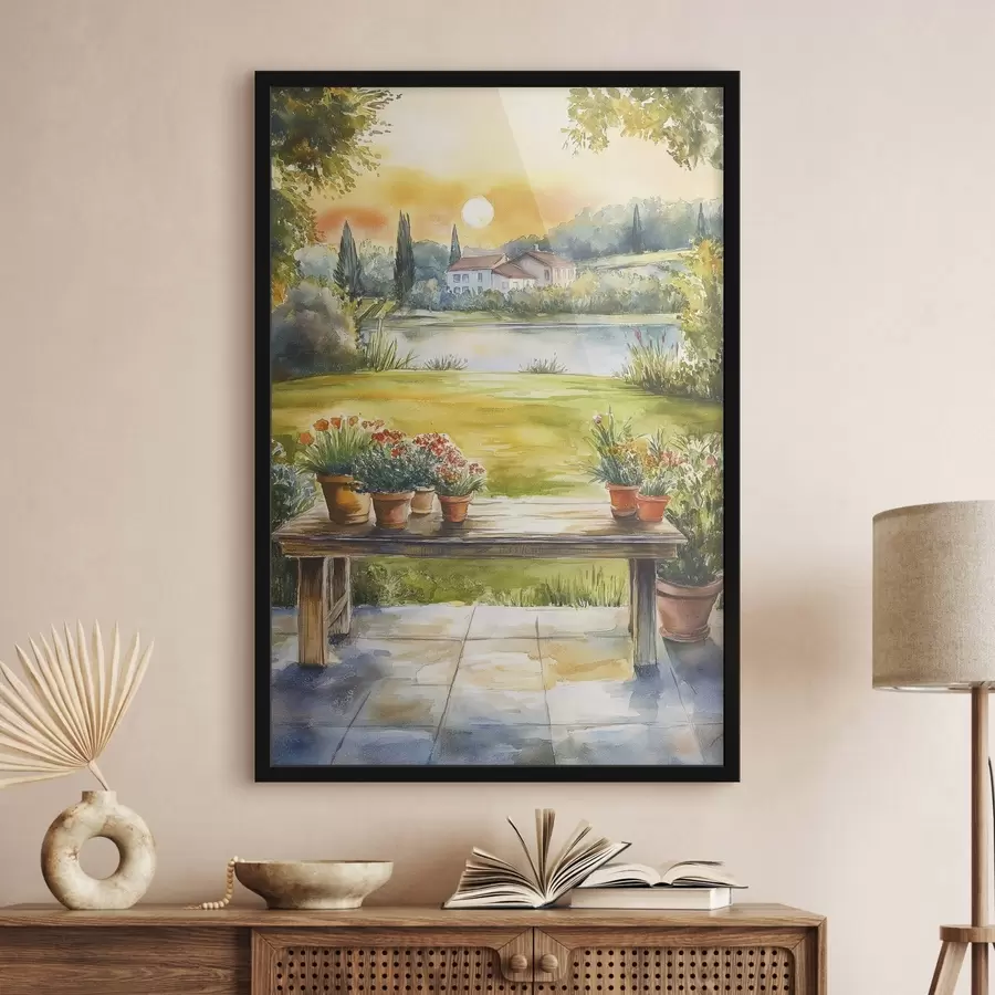 Fototapete Dorf im Sonnenuntergang, rustikal, Sommerblumen, See, Aquarellstil f44016