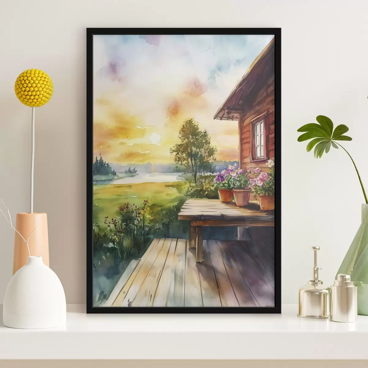 Poster Farben des Sonnenuntergangs, Bauernhaus, Aquarellstil, rustikal, Sommerblumen f44017
