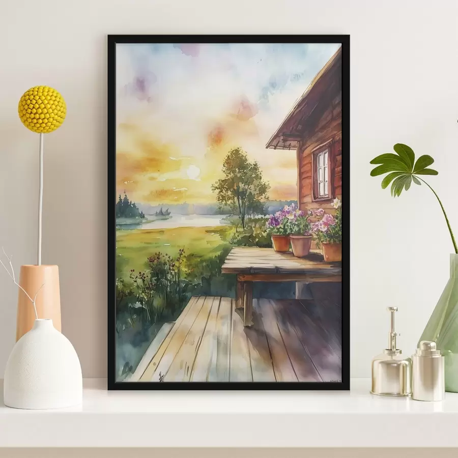 Fototapete Farben des Sonnenuntergangs, Bauernhaus, Aquarellstil, rustikal, Sommerblumen f44017