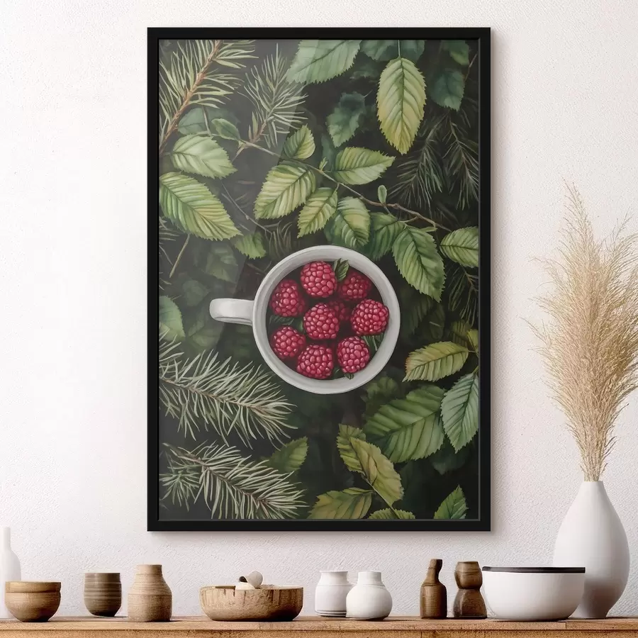 Fototapete Schale mit Himbeeren im grünen Wald, Natur, Aquarellstil f44021