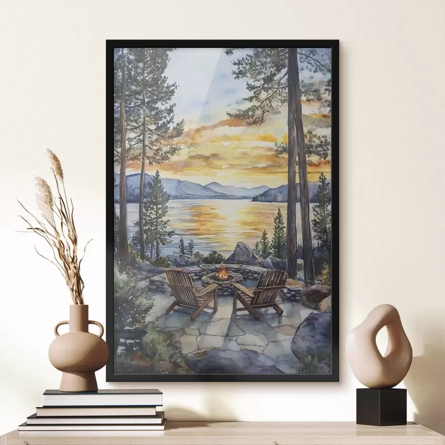 Fototapete See mit Bergen auf den Sonnenuntergang, Reisen, gemütlichen Kamin, Aquarell f44018