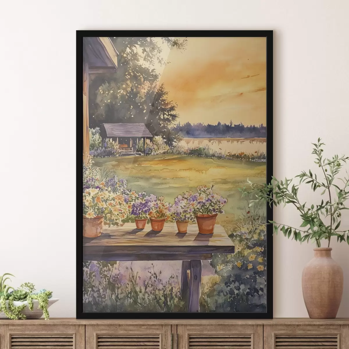 Poster Blumen im Dorfgarten, Sonnenuntergang Farben, Aquarell-Stil f44019