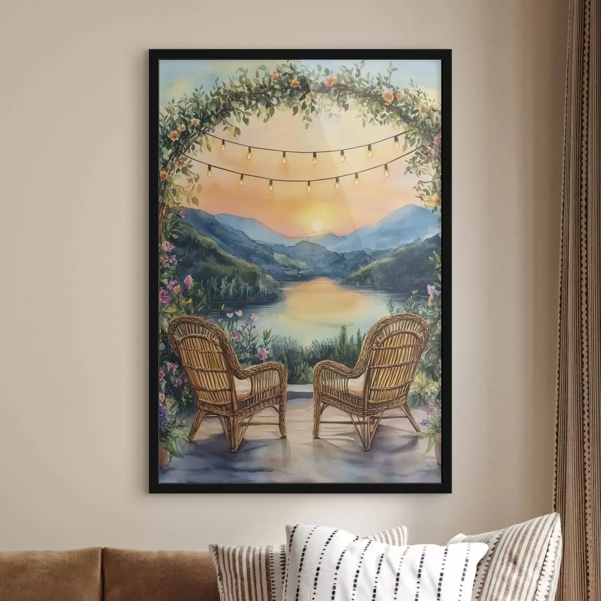 Poster Korbstühle auf den Sonnenuntergang, Berge Landschaft, Boho-Stil f44020