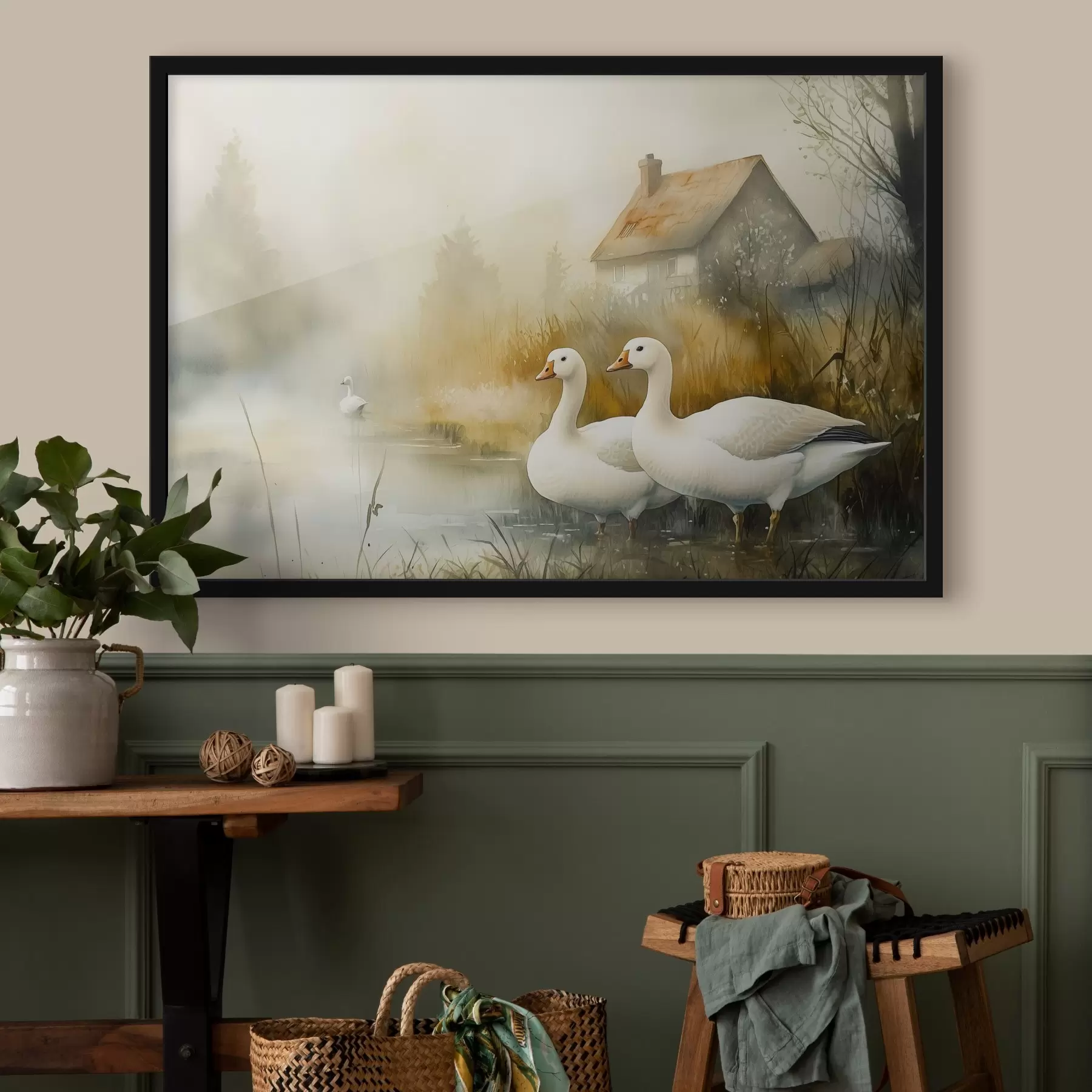 Fototapete Gänse im See in der Nähe des Bauernhauses, rustikal, Aquarell-Stil f44022