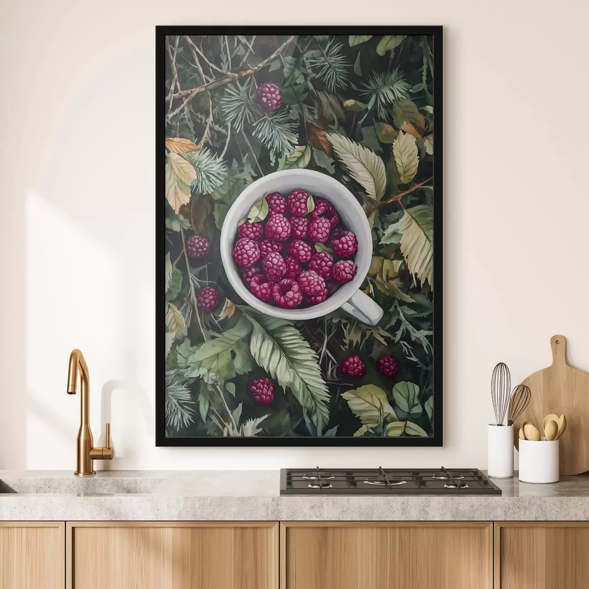 Poster Saftige Himbeeren im Wald, rustikal, Blätter, Aquarellstil f44023