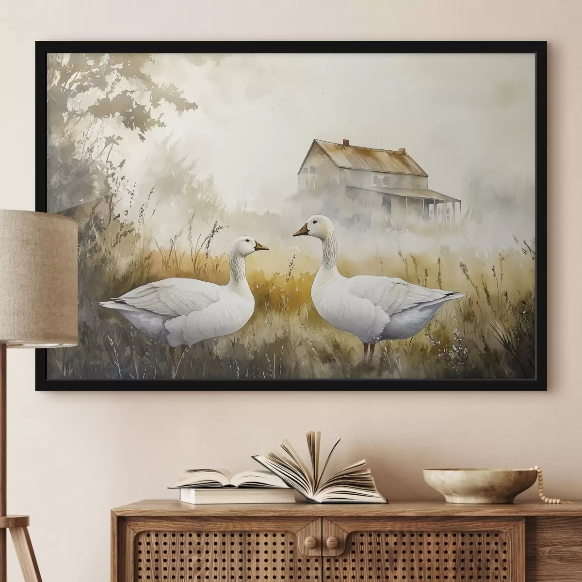 Poster Aquarell-Stil Gänse auf dem Feld, Dorf, rustikal f44024