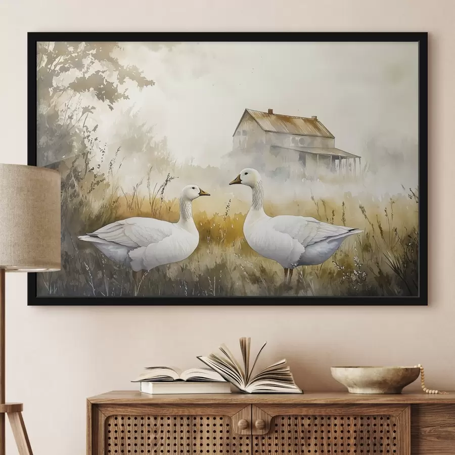 Fototapete Aquarell-Stil Gänse auf dem Feld, Dorf, rustikal f44024