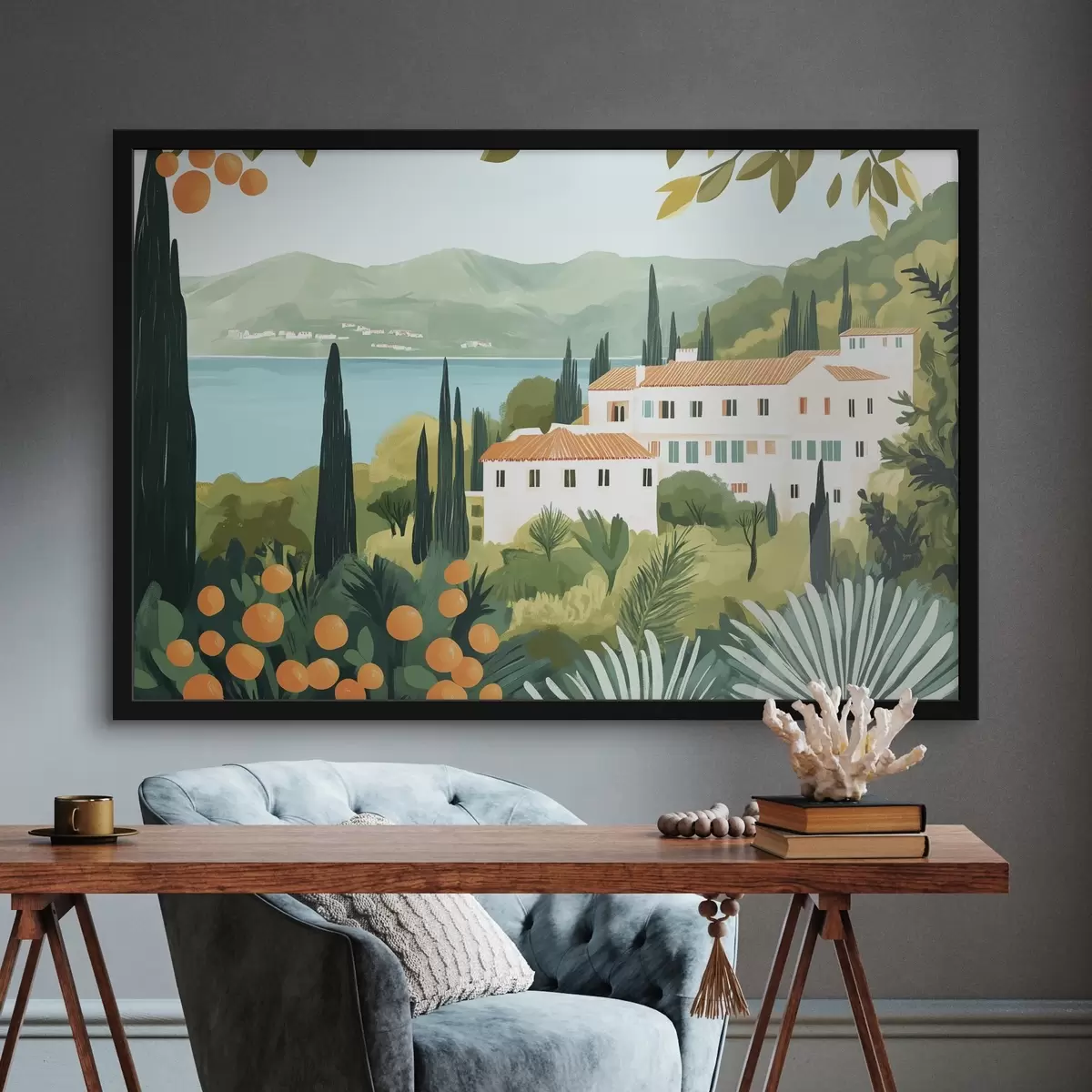 Poster Mediterrane Landschaften mit Orangenbäumen und Häusern, Meeresküste f44027