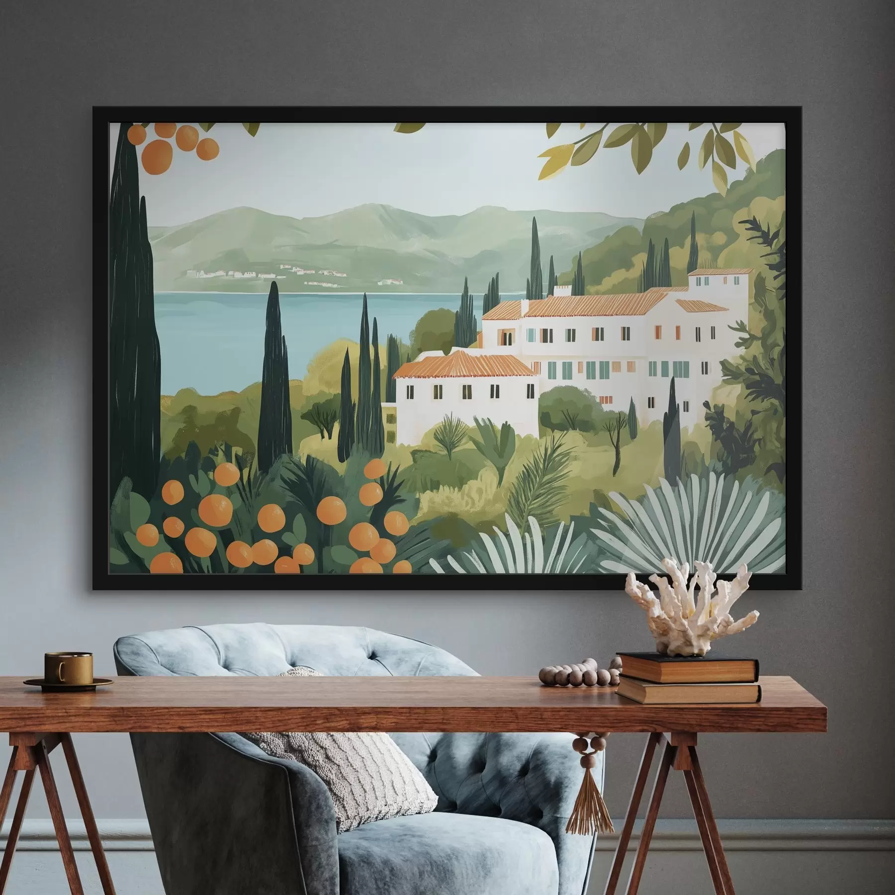 Wandbilder Mediterrane Landschaften mit Orangenbäumen und Häusern, Meeresküste f44027