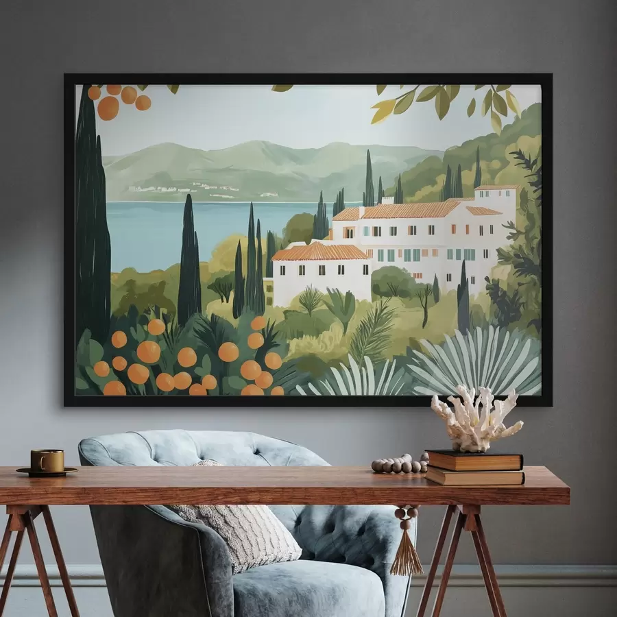 Fototapete Mediterrane Landschaften mit Orangenbäumen und Häusern, Meeresküste f44027