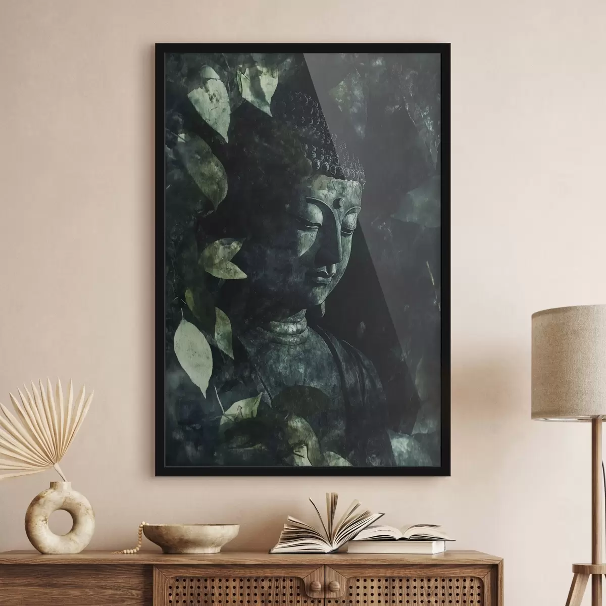 Poster Meditativer Buddha in den grünen Blättern, spirituell f44029