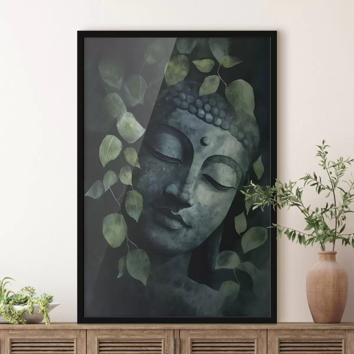 Poster Buddha mit geschlossenen Augen, Meditation, grüne Farben f44030
