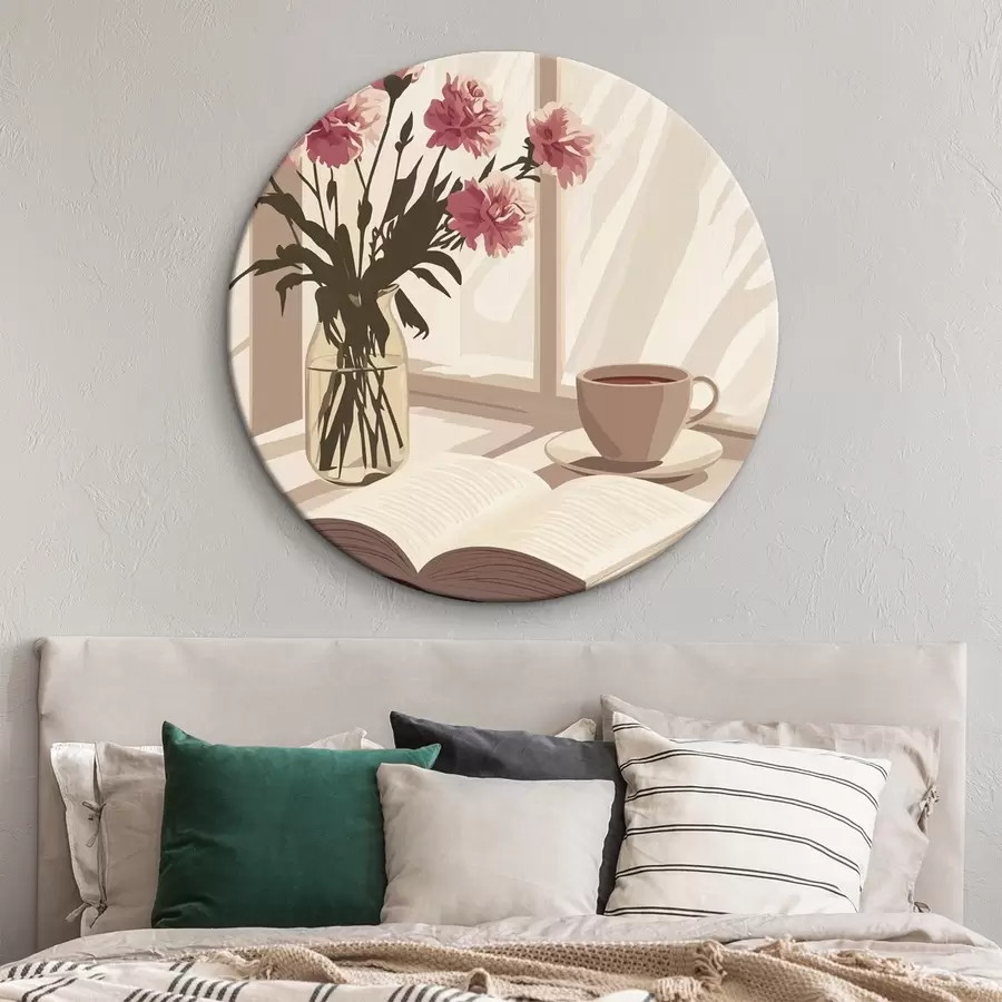 Wandbilder Morgenästhetik, Tasse Kaffee, Buch, Nelkenblüten r44012