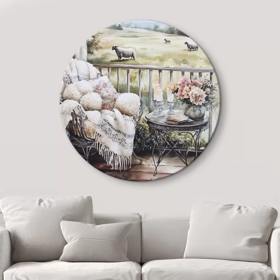 Wandbilder Bauernhof auf dem Land mit Schafen, Feldern, rustikalen Blumen, Aquarellstil r44014