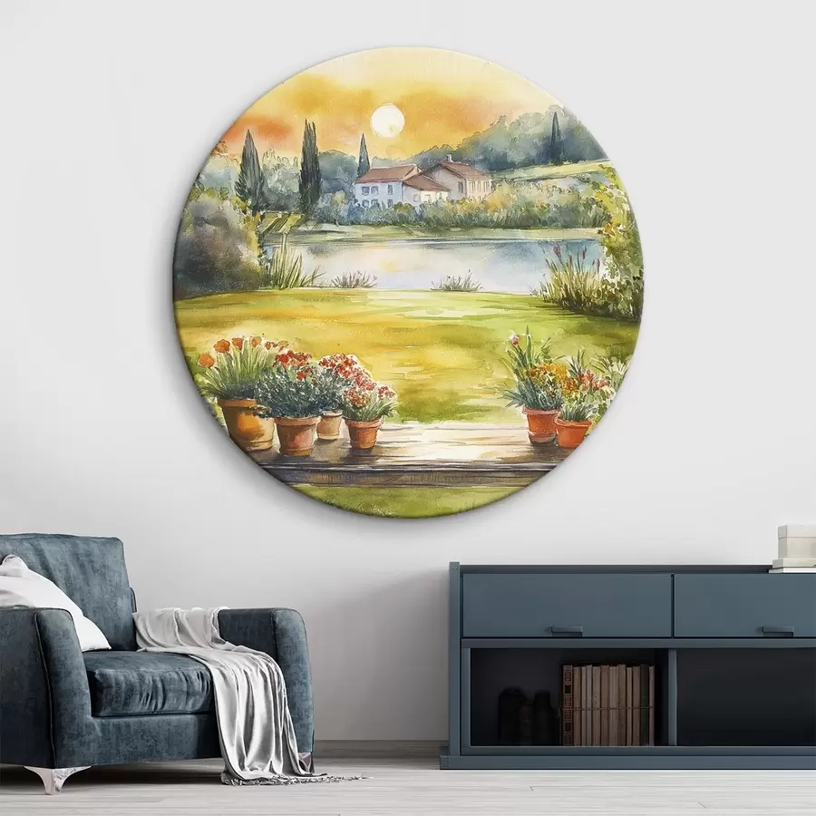 Wandbilder Dorf im Sonnenuntergang, rustikal, Sommerblumen, See, Aquarellstil r44016