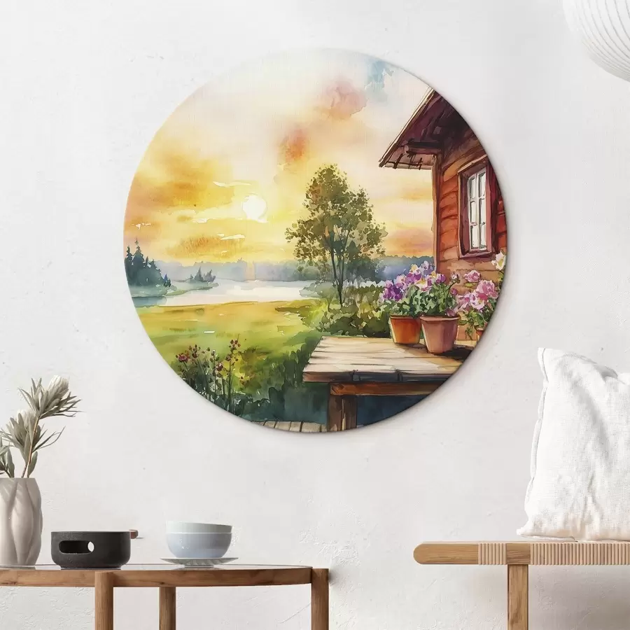 Wandbilder Farben des Sonnenuntergangs, Bauernhaus, Aquarellstil, rustikal, Sommerblumen r44017
