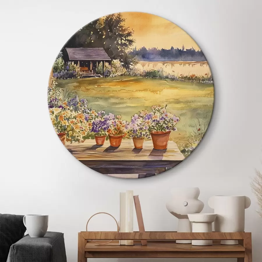 Wandbilder Blumen im Dorfgarten, Sonnenuntergang Farben, Aquarell-Stil r44019