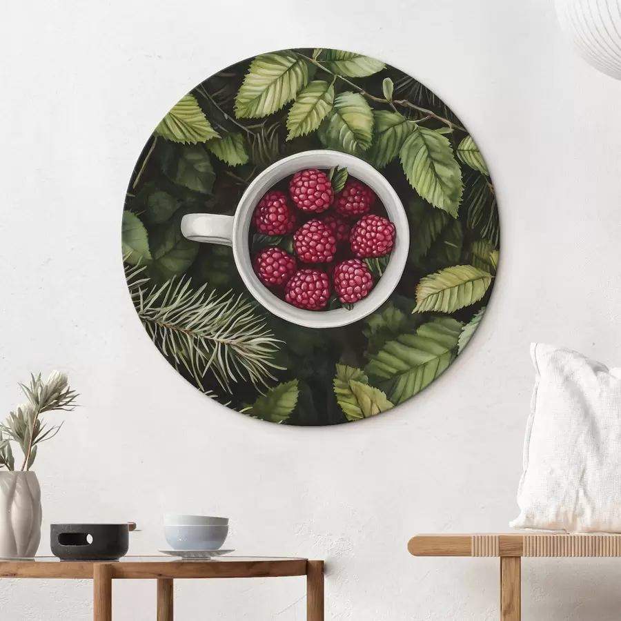 Wandbilder Schale mit Himbeeren im grünen Wald, Natur, Aquarellstil r44021