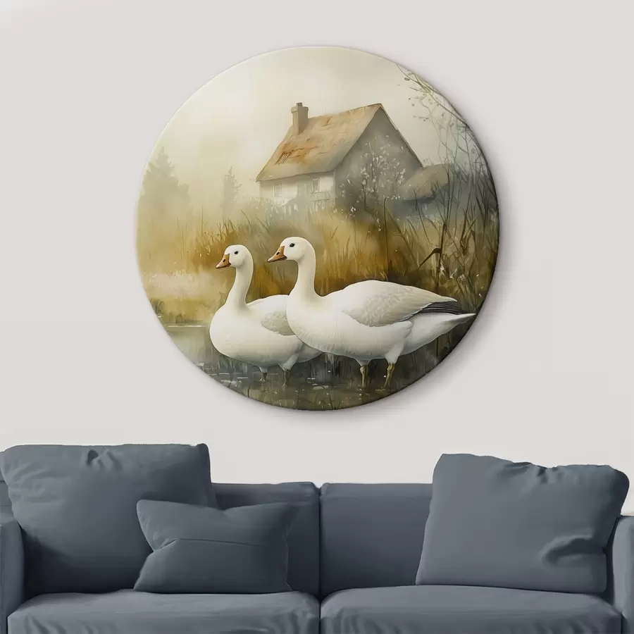 Wandbilder Gänse im See in der Nähe des Bauernhauses, rustikal, Aquarell-Stil r44022