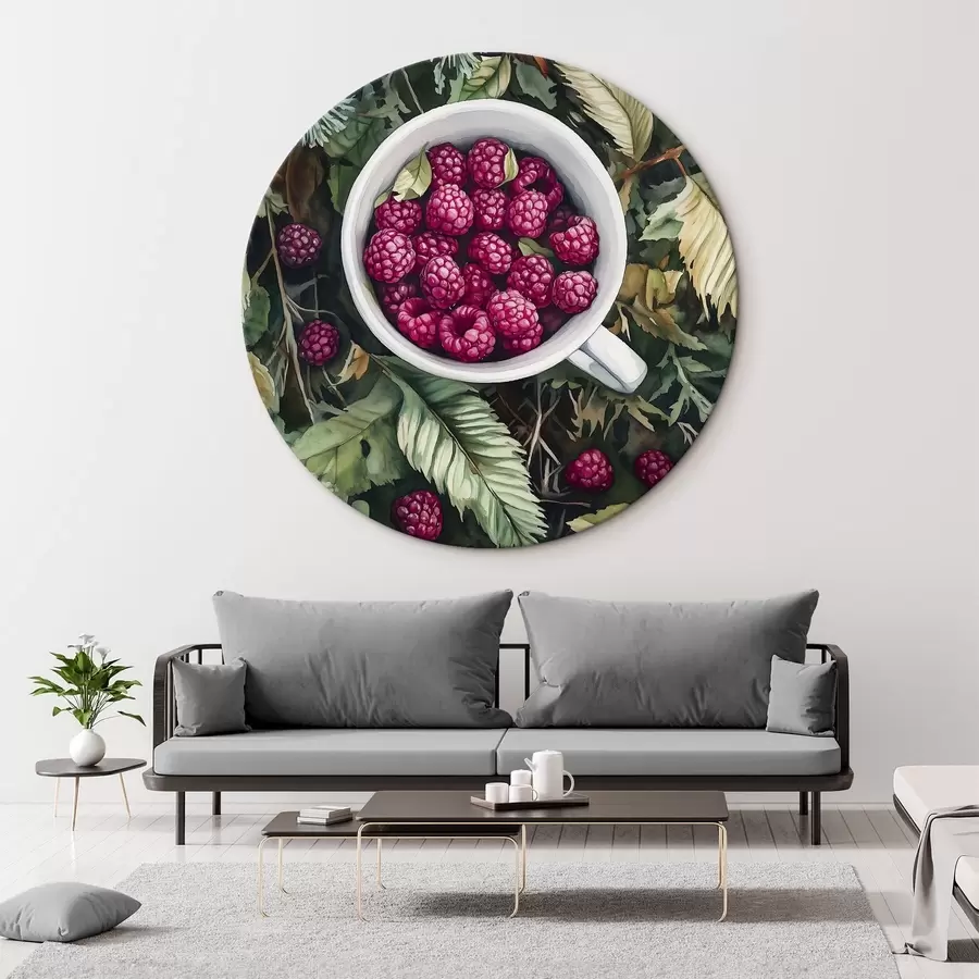 Wandbilder Saftige Himbeeren im Wald, rustikal, Blätter, Aquarellstil r44023