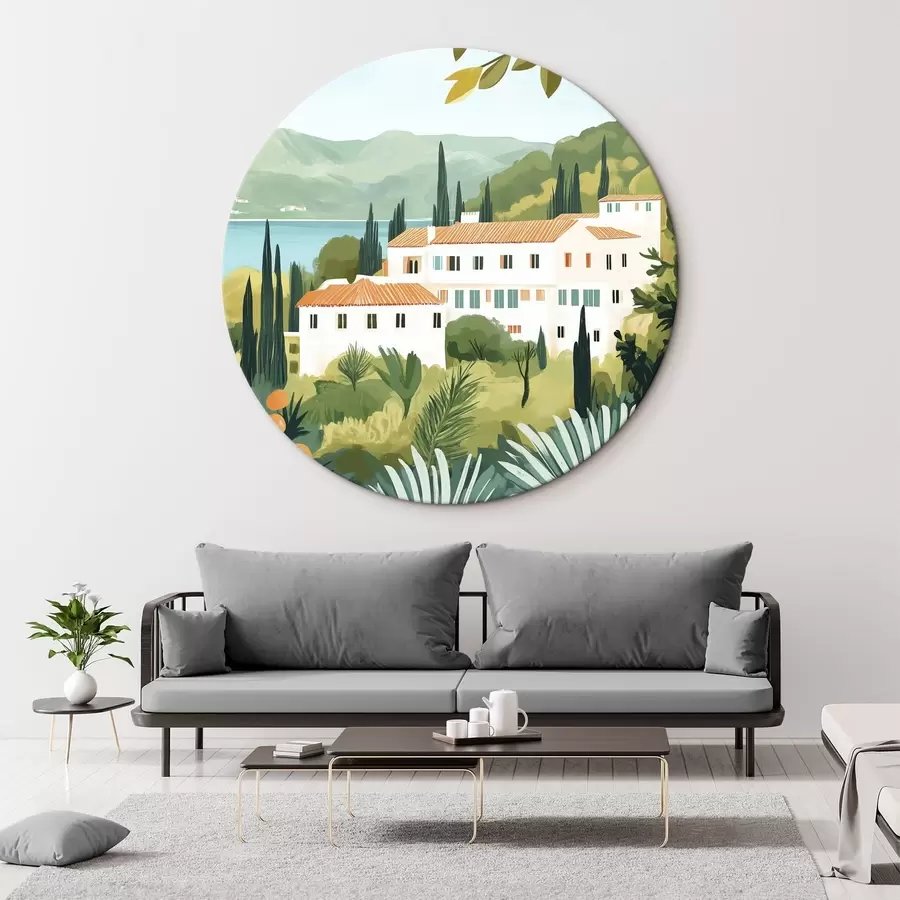 Wandbilder Mediterrane Landschaften mit Orangenbäumen und Häusern, Meeresküste r44027