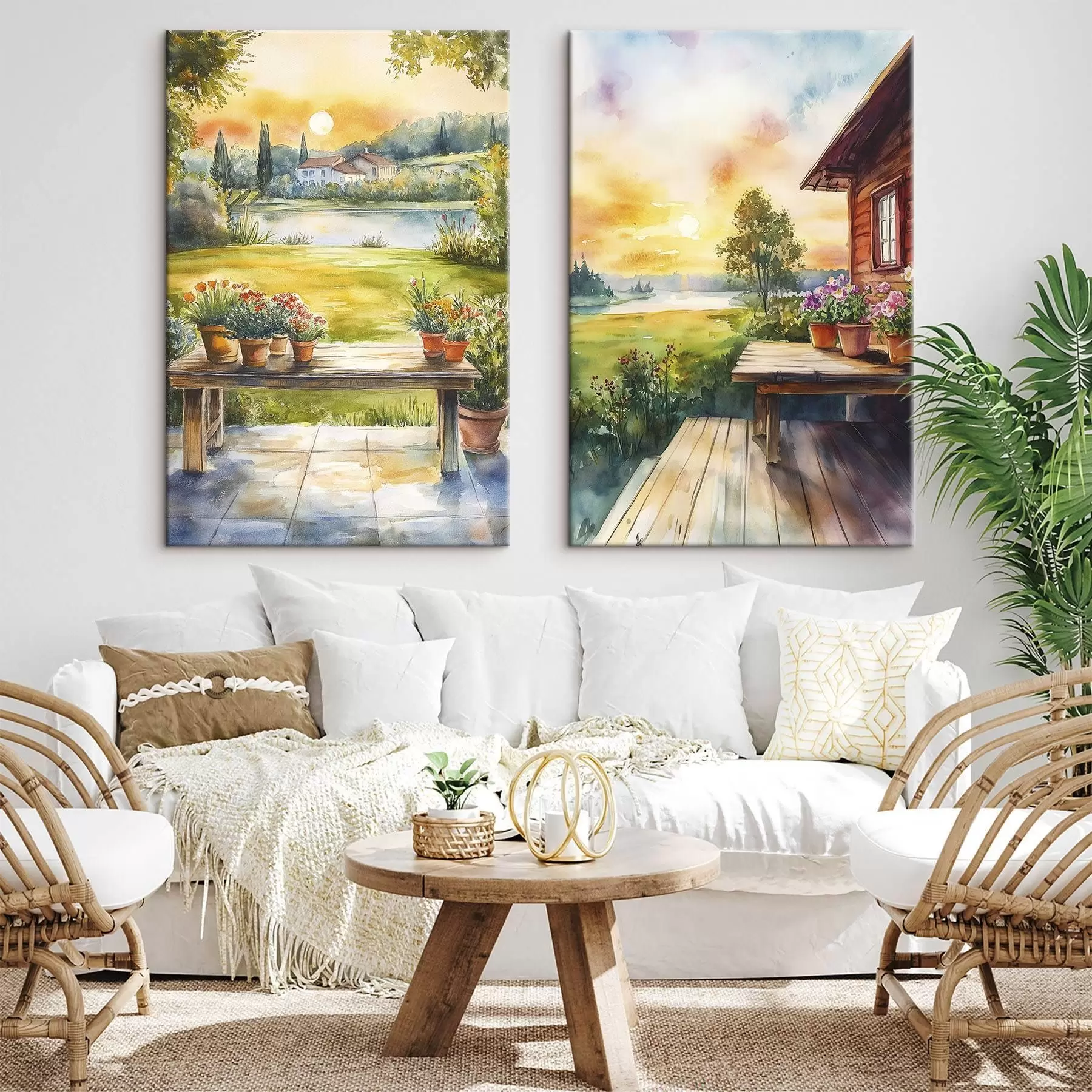 Wandbilder Sommerdorf, Sonnenuntergang, rustikal, Blumen, See, Aquarell-Stil m00449