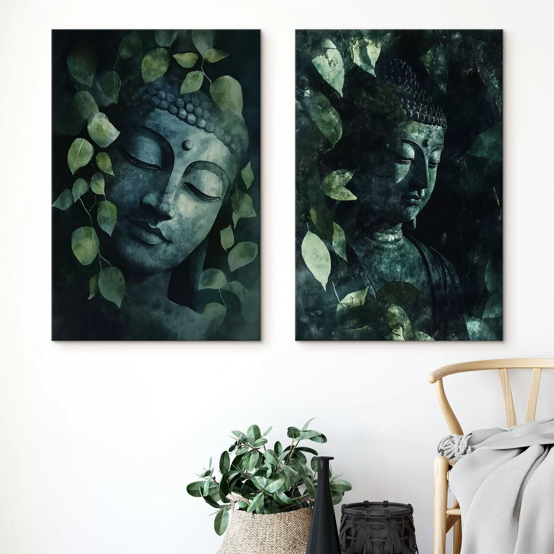 Wandbilder Grüner Buddha in tropischen Blättern, Aquarellstil m00451