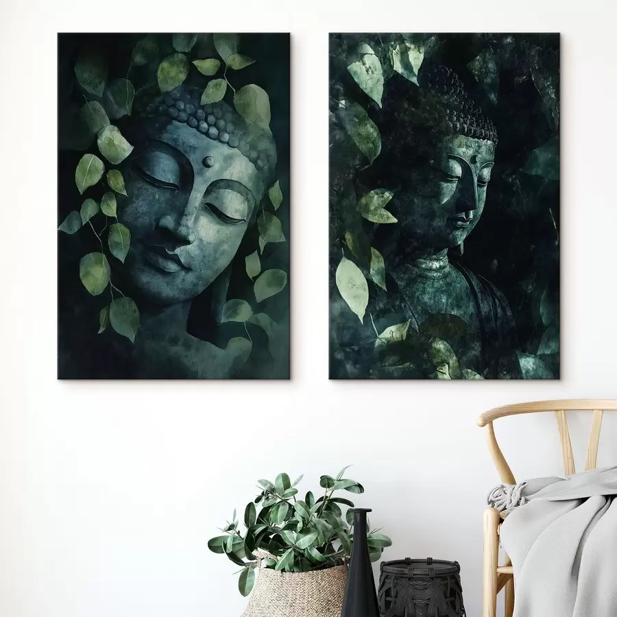 Wandbilder Grüner Buddha in tropischen Blättern, Aquarellstil m00451