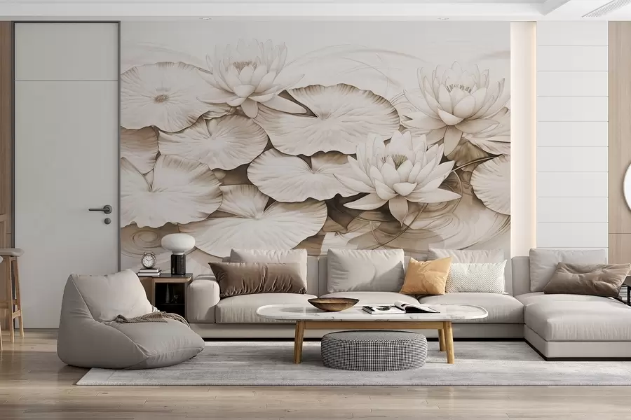 Fototapete Seerosen und Seerosenblätter in einem Teich, braune und weiße Imitation einer Bleistiftzeichnung, detaillierte botanische Illustration, Naturkunst w09006v2