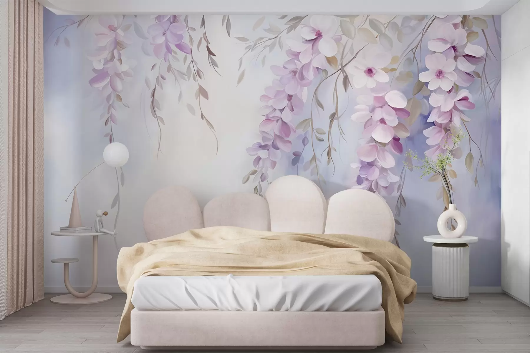 Fototapete Glyzinienblüten mit lilafarbenen Blütenblättern und grünen Blättern, die von den Zweigen hängen, weiche Pastellfarben, pastellfarbener Hintergrund w09010
