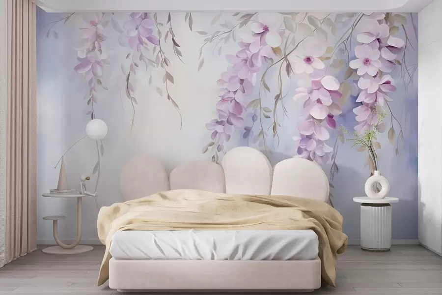 Fototapete Glyzinienblüten mit lilafarbenen Blütenblättern und grünen Blättern, die von den Zweigen hängen, weiche Pastellfarben, pastellfarbener Hintergrund w09010