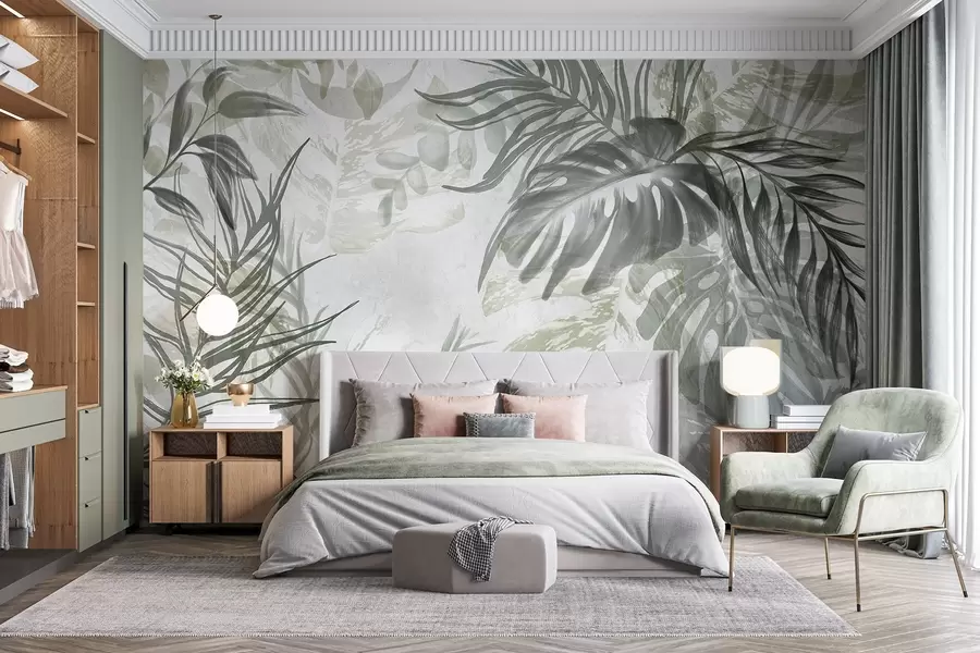 Fototapete Monstera und Palmenblätter in Grün- und Grautönen, botanisch, tropisches Laub, Dschungelpflanzen, strukturierter Hintergrund w09011
