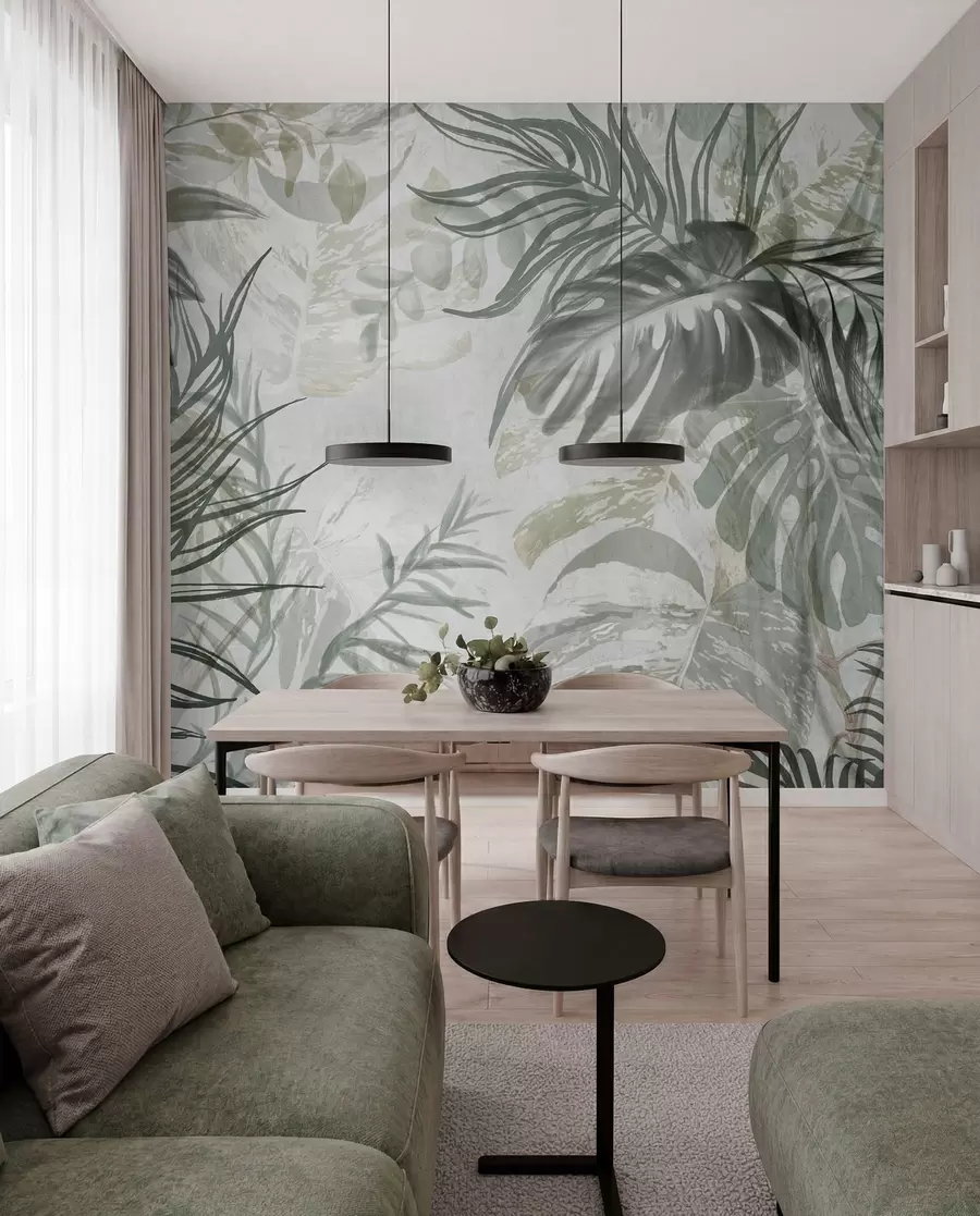 Fototapete Monstera und Palmenblätter in Grün- und Grautönen, botanisch, tropisches Laub, Dschungelpflanzen, strukturierter Hintergrund w09011