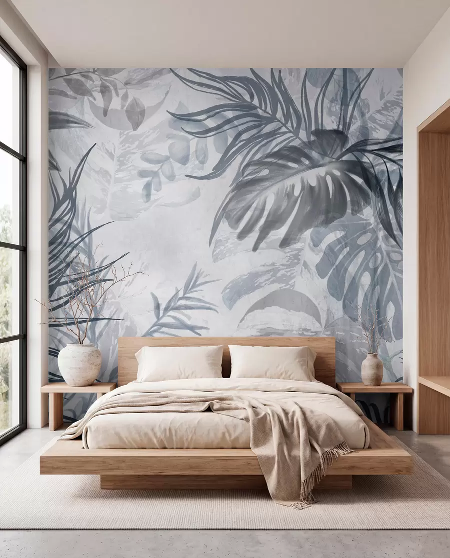 Fototapete Monstera und Palmenblätter in Blau- und Grautönen, botanisch, tropisches Laub, Dschungelpflanzen, strukturierter Hintergrund w09011v1