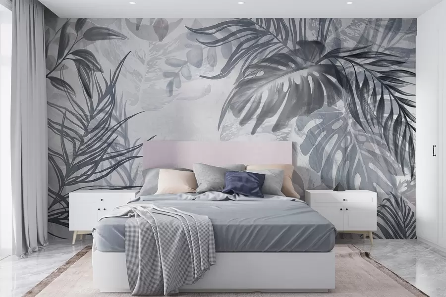 Fototapete Monstera und Palmenblätter in Blau- und Grautönen, botanisch, tropisches Laub, Dschungelpflanzen, strukturierter Hintergrund w09011v1