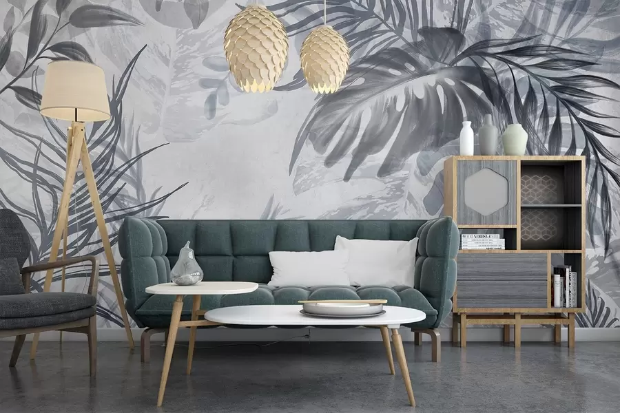 Fototapete Monstera und Palmenblätter in Blau- und Grautönen, botanisch, tropisches Laub, Dschungelpflanzen, strukturierter Hintergrund w09011v1