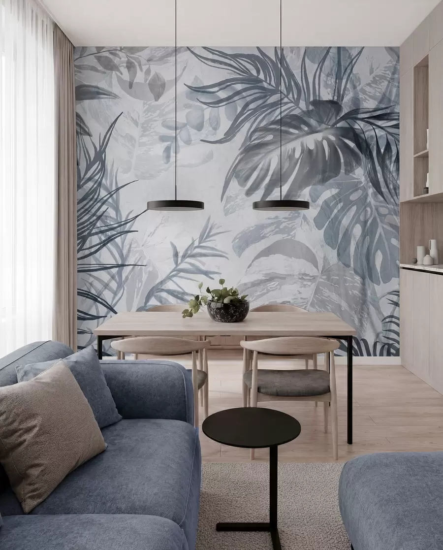 Fototapete Monstera und Palmenblätter in Blau- und Grautönen, botanisch, tropisches Laub, Dschungelpflanzen, strukturierter Hintergrund w09011v1