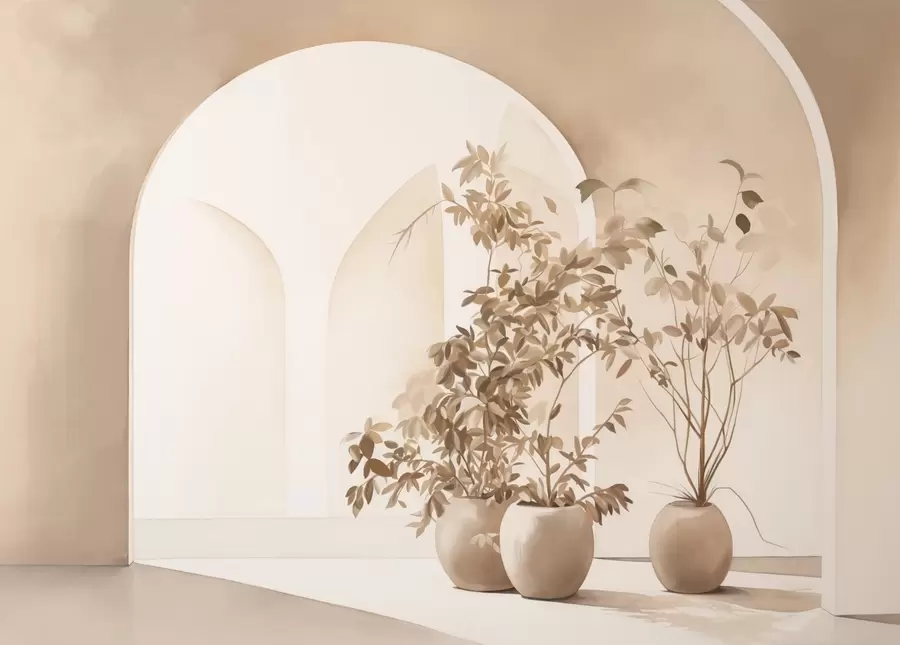 Fototapete Pflanzen in Töpfen mit Beigetönen vor abstrakten Bögen, minimalistischer Stil, elegant und sauber, neutraler Hintergrund w09013