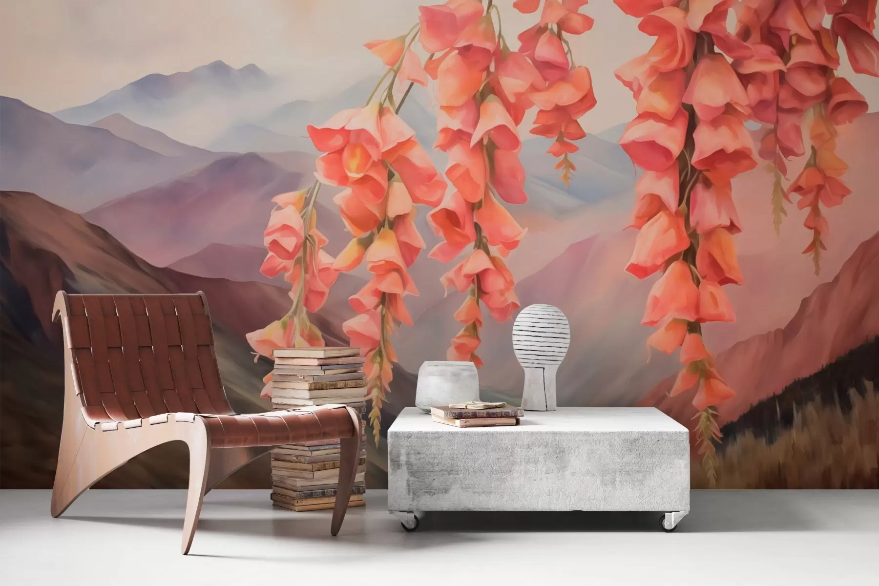 Fototapete Hängende Blumen vor einer Bergkulisse w03776