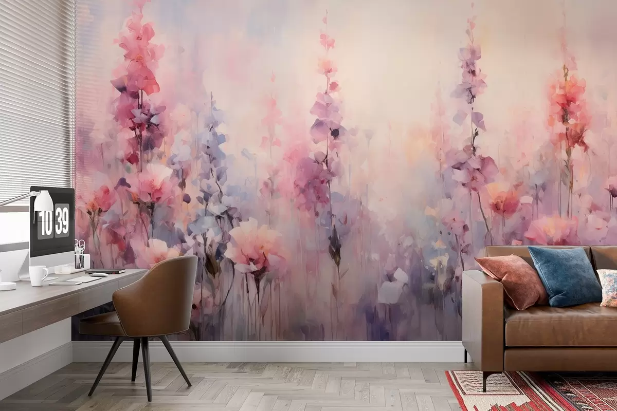 Fototapete Bunte Wildblumen im Aquarellstil: Flieder, Mohn, Gänseblümchen w09038