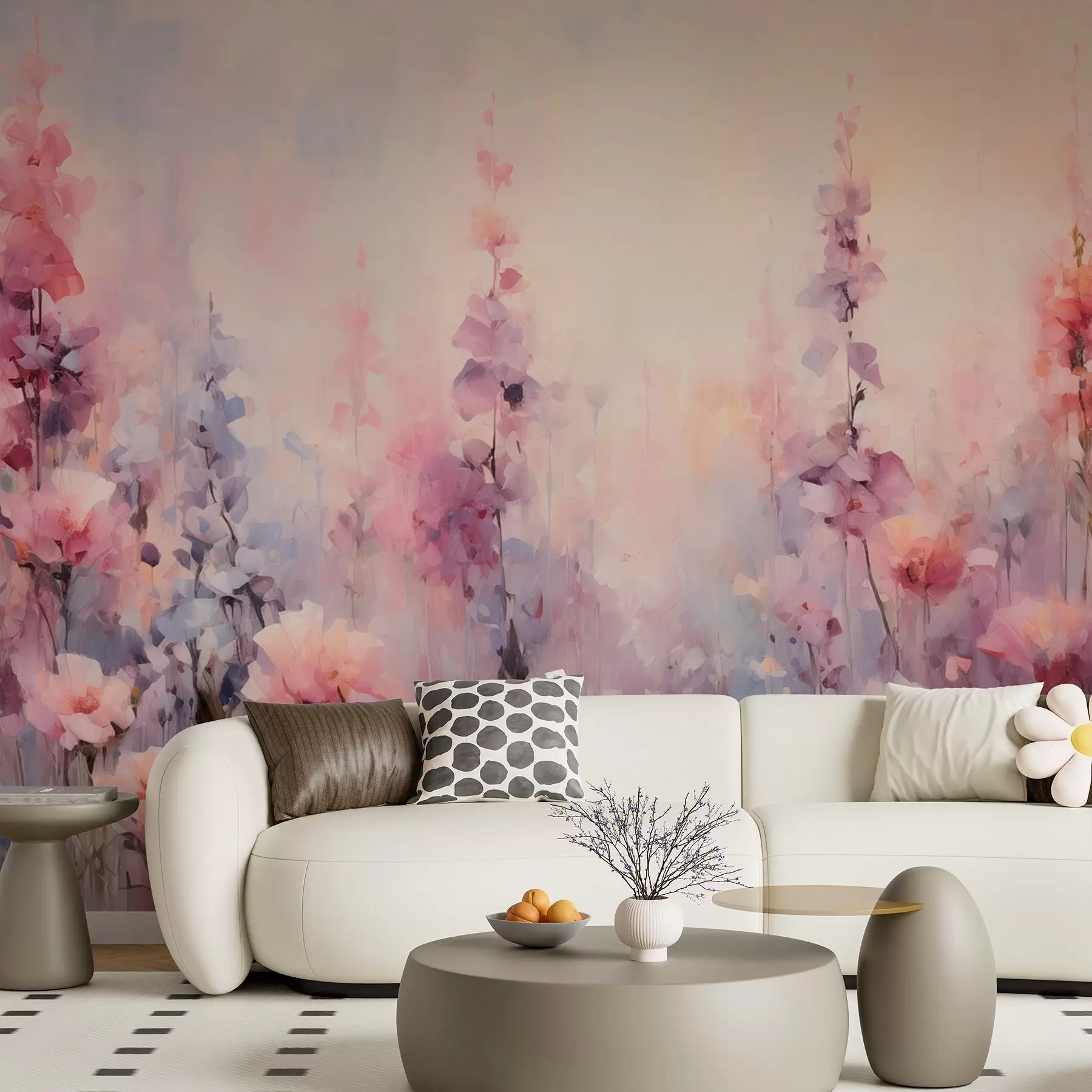 Fototapete Bunte Wildblumen im Aquarellstil: Flieder, Mohn, Gänseblümchen w09038