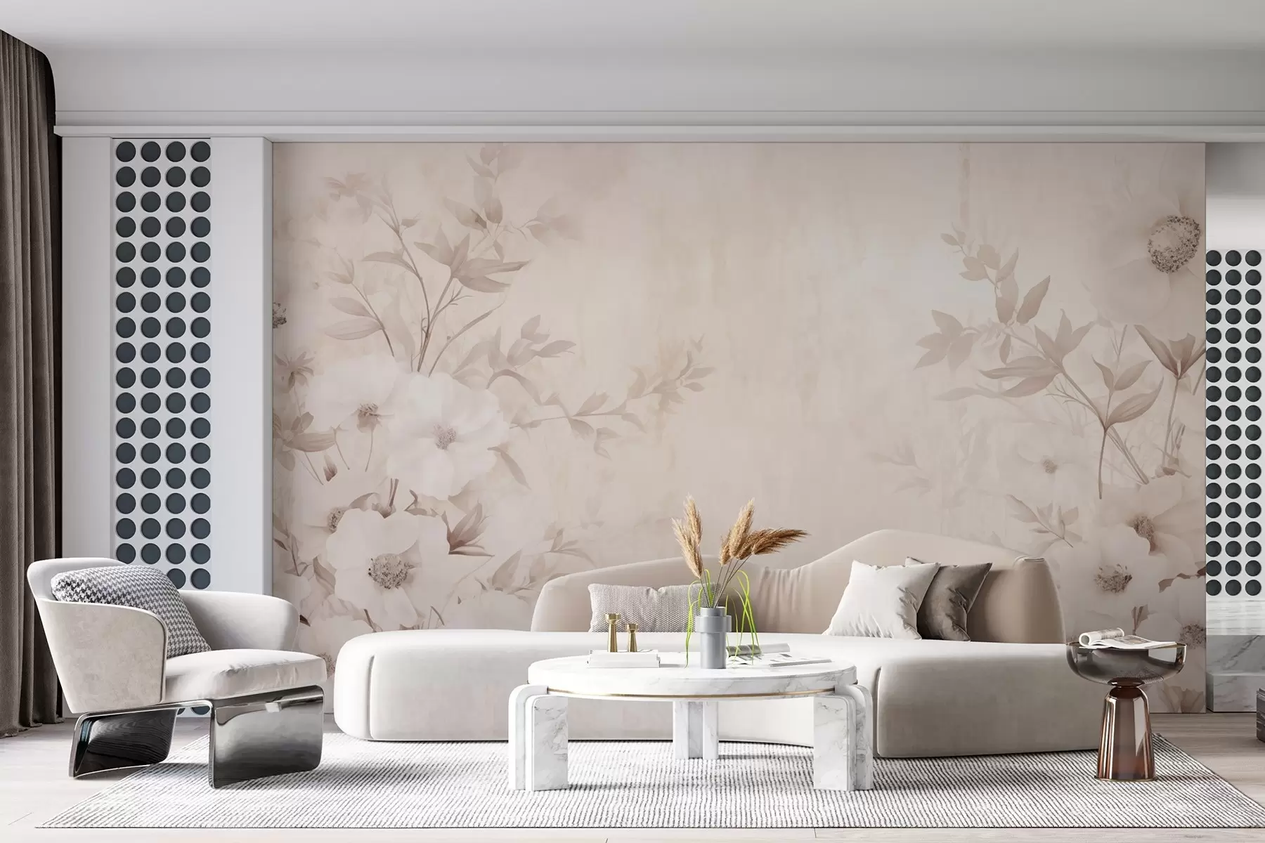 Fototapete Blumen mit Blättern in neutralen hellen Tönen im Aquarellstil w09040