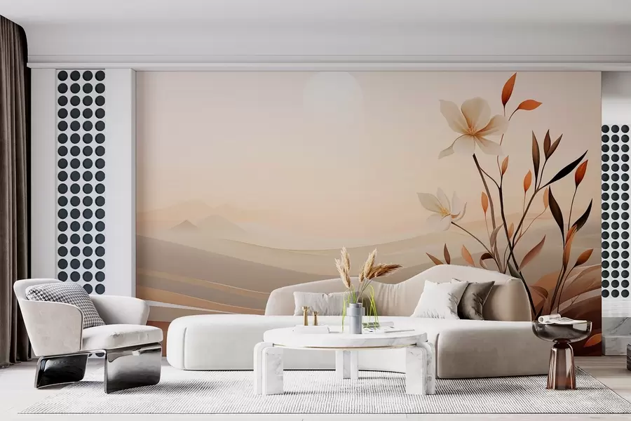 Fototapete Wachsende Blume vor einem Hintergrund aus Wüste und Bergen w09044