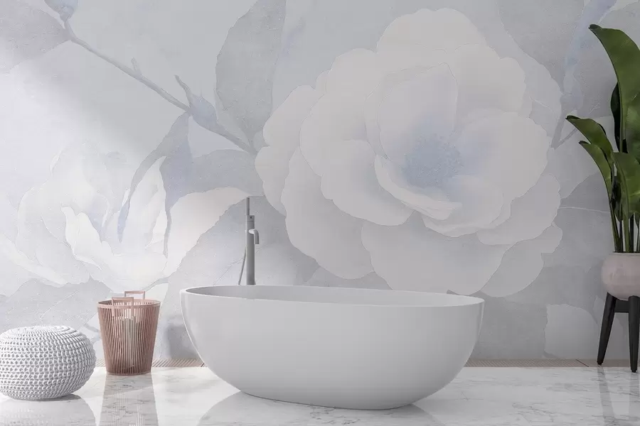 Fototapete Sanftes Pastell mit Kamelienblüten auf dem Zweig, blaue Farben w03760v1